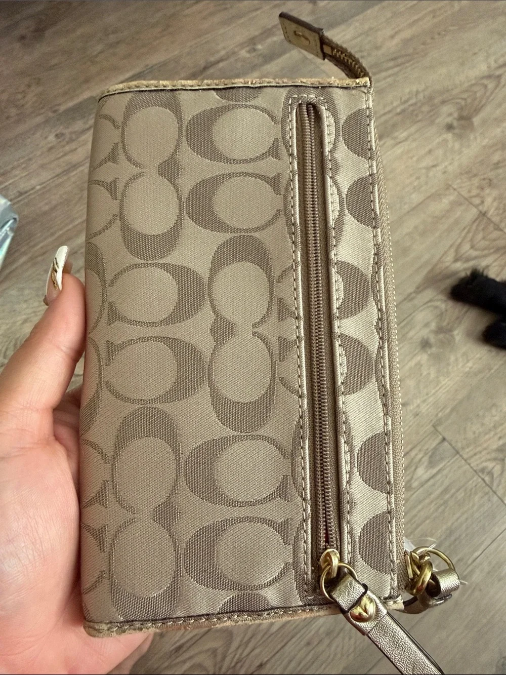 Coach Taupe Signature Canvas Wristlet with Turquoise, Pink & Yellow Accents